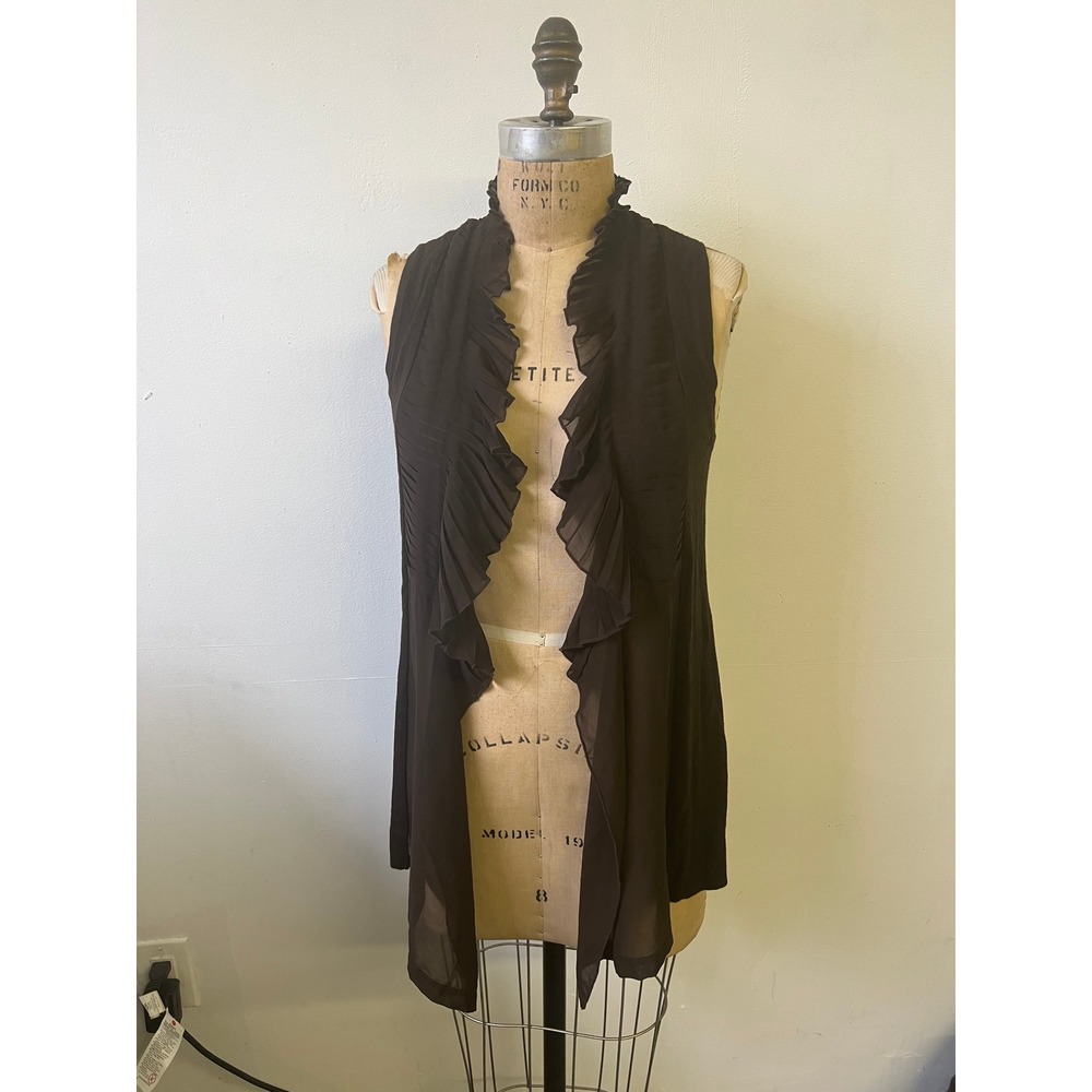 Cache Brown Ruffle Open Front Vest Sleeveless Cardigan Pleated XS